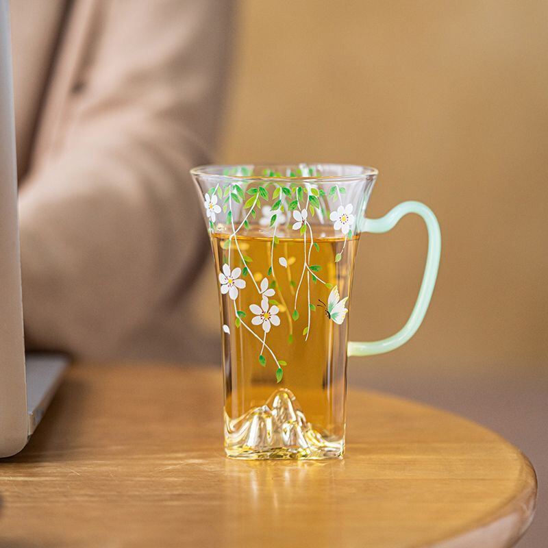 花朝玻璃茶杯精致高硼硅品茗杯家用喝茶杯子透明耐高温把手杯