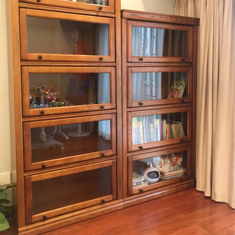 美式书柜置物架带门玻璃门落地实木柜子防尘展示柜客厅收纳储物柜