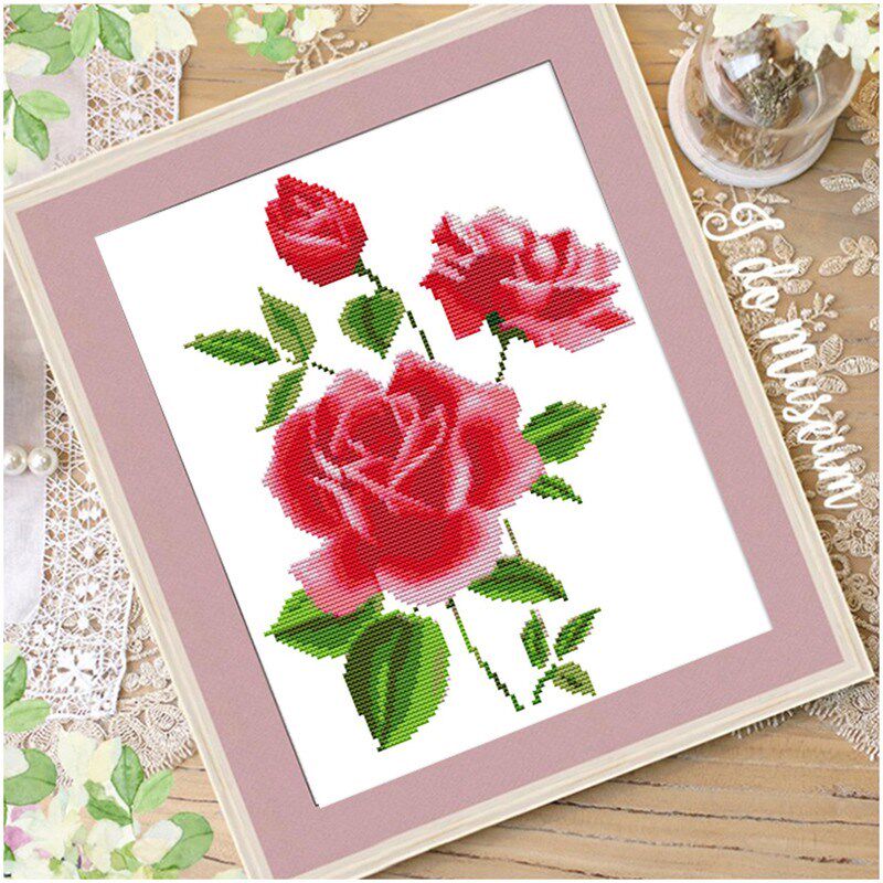 红玫瑰十字绣新款2023客厅爱情简约花卉新手初学简单小件手工线绣