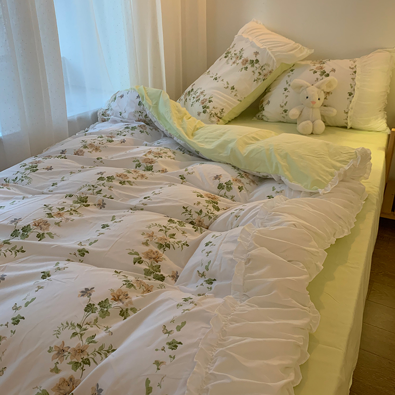 绿色清新水洗棉被套公主风床裙床单四件套床笠学生宿舍床上三件套