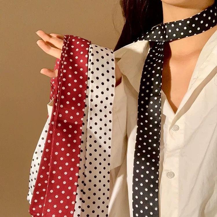 百搭波点丝巾女细长条2025新款春夏黑白色丝带系脖高级感领巾飘带