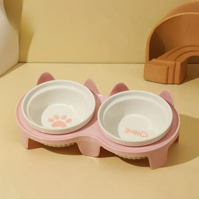 陶瓷猫碗猫咪陶瓷碗斜口饮水碗猫粮食盆猫咪喝水碗宠物专用双碗