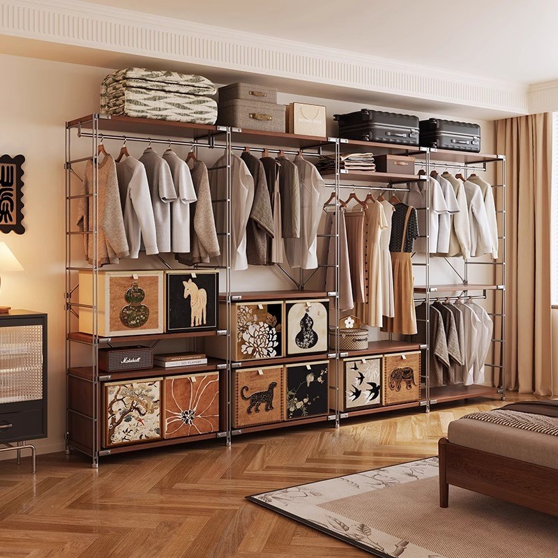 家用开放式衣帽挂钩架日式原木风挂衣架卧室长裙收纳架简约置物架