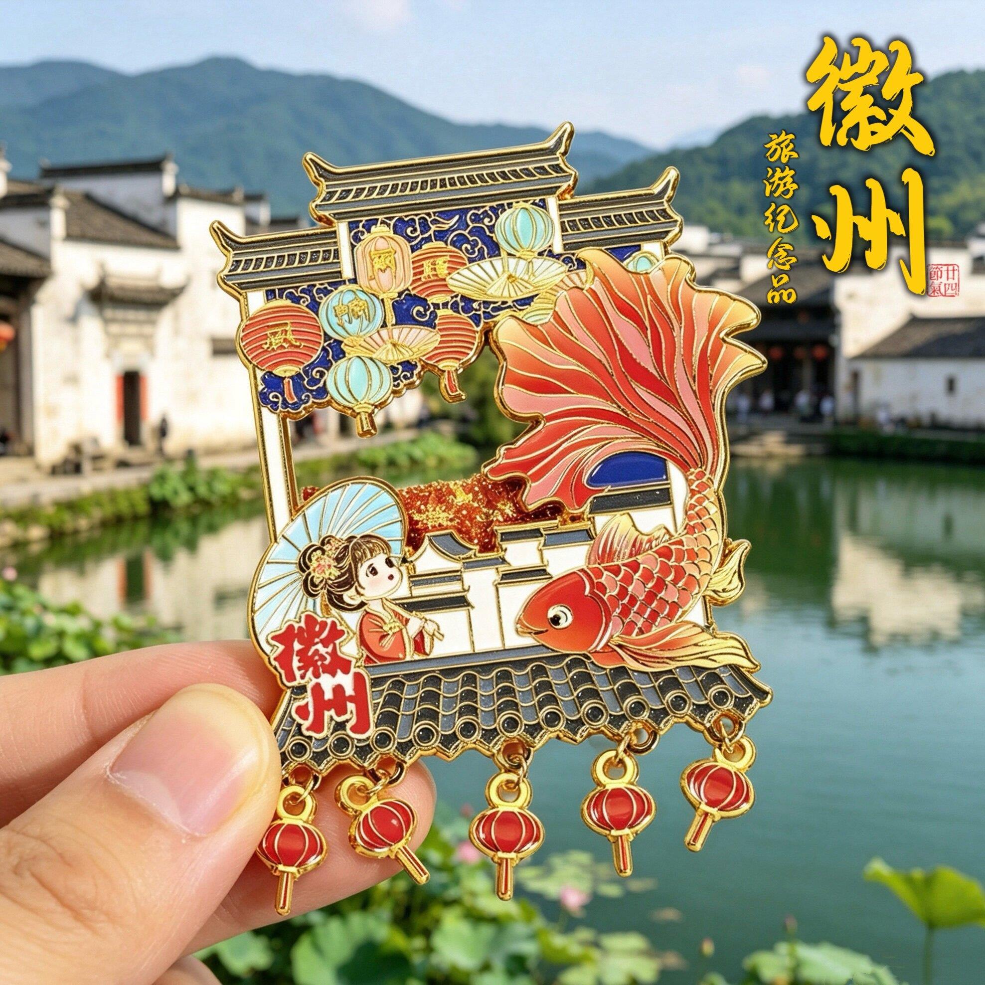 安徽徽州金属流沙冰箱贴文创旅游景区古城宏村冰箱贴金属纪念礼品