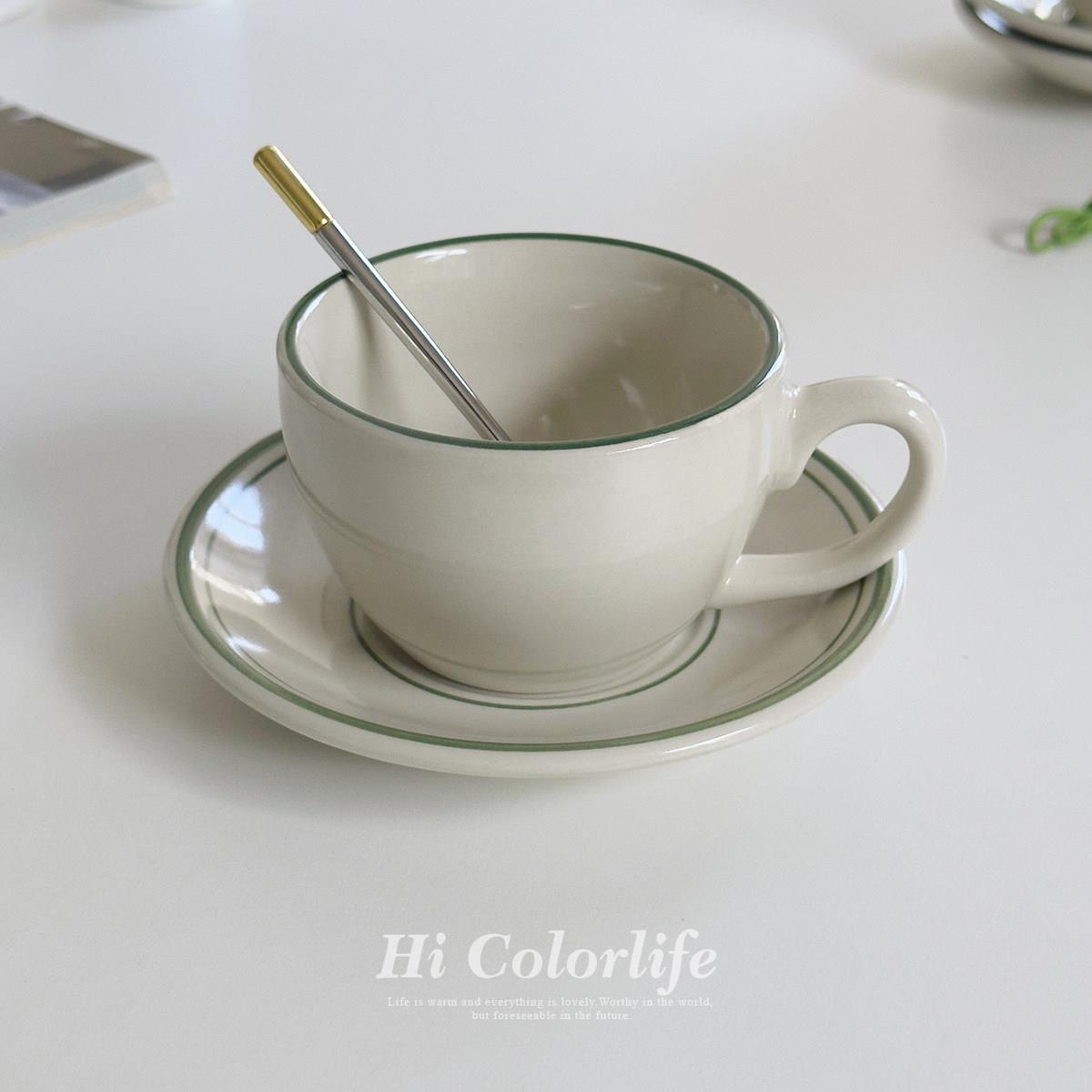 HC墨绿柏顿 描边咖啡杯碟套装复古风手绘陶瓷拿铁拉花杯下午茶杯