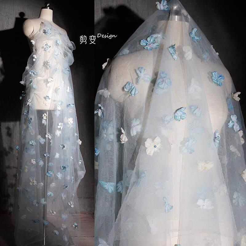 小蓝花立体花朵蕾丝绣花装饰网纱布料梦幻连衣裙汉服装设计师面料