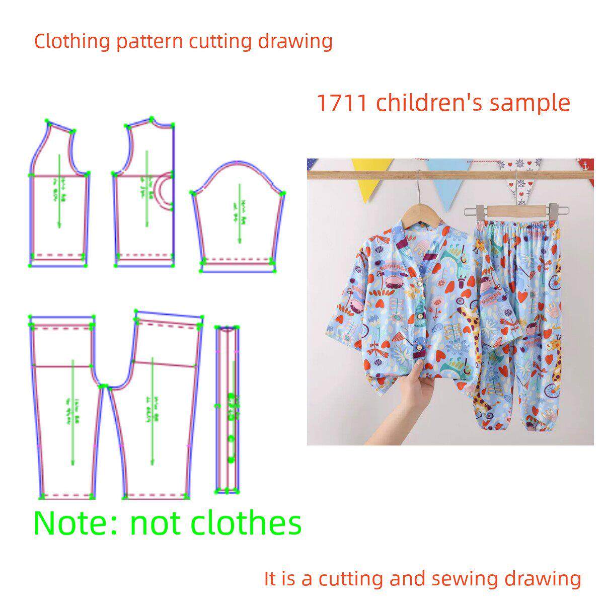 DIY服装纸样裁剪图1711款儿童七分袖家居服套装样板图纸11设计