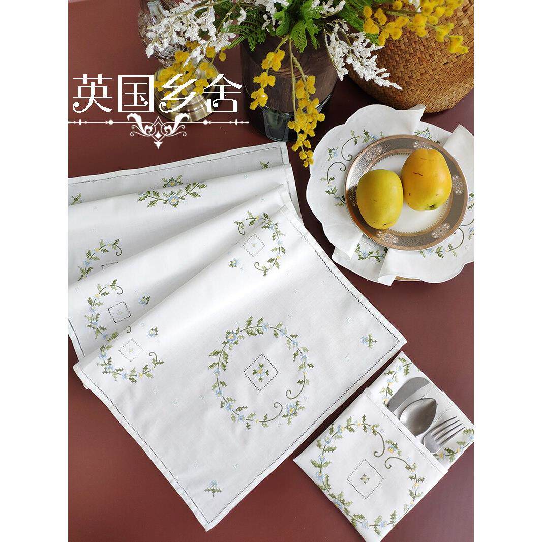 出口瑞士多用巾淡雅清新全手工彩色绣花抽纱北欧棉麻盘垫盖巾桌旗
