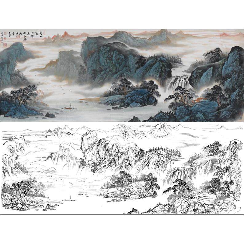 高清风景工笔画山水白描底稿大横幅源远流长用作临摹勾线打印稿