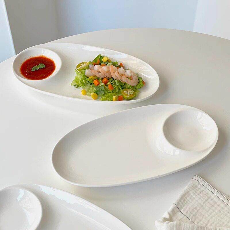 ins简约白色椭圆陶瓷长盘蘸料饺子寿司炸鸡翅薯条家用点心蘸酱盘