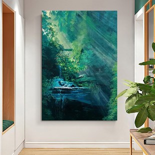 丁达尔效应手绘油画客厅抽象绿色森林风景落地装饰画玄关肌理挂画