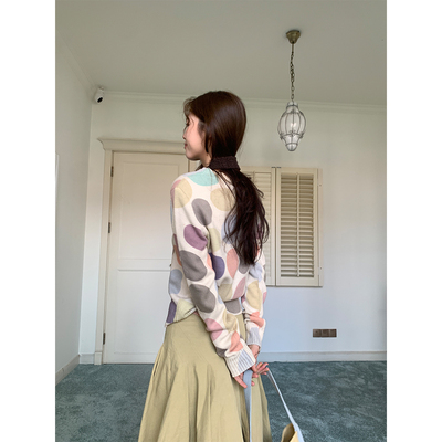 复古彩色圆点印花套头毛衣