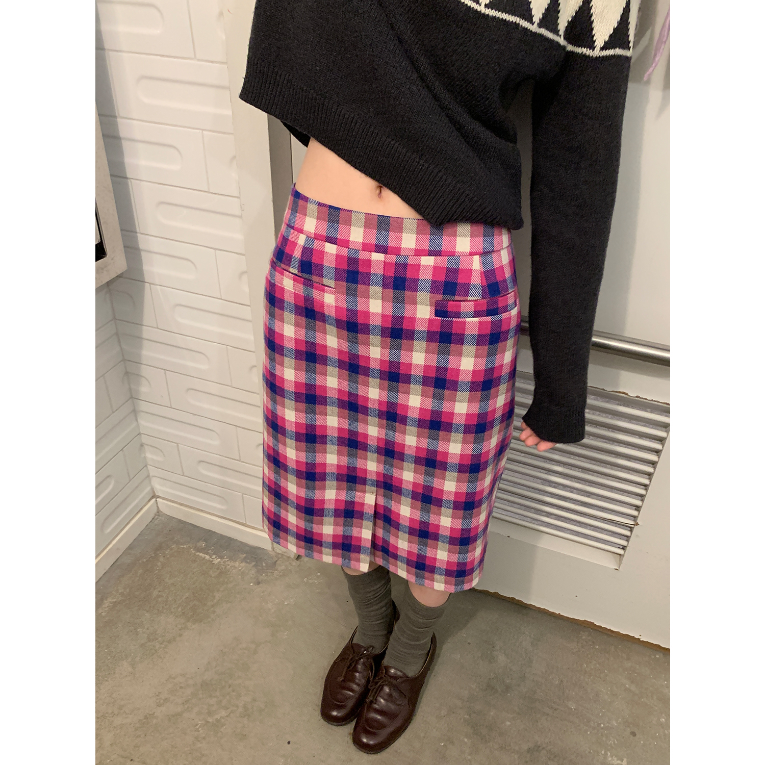 复古格纹羊毛梦幻紫色半身A字裙
