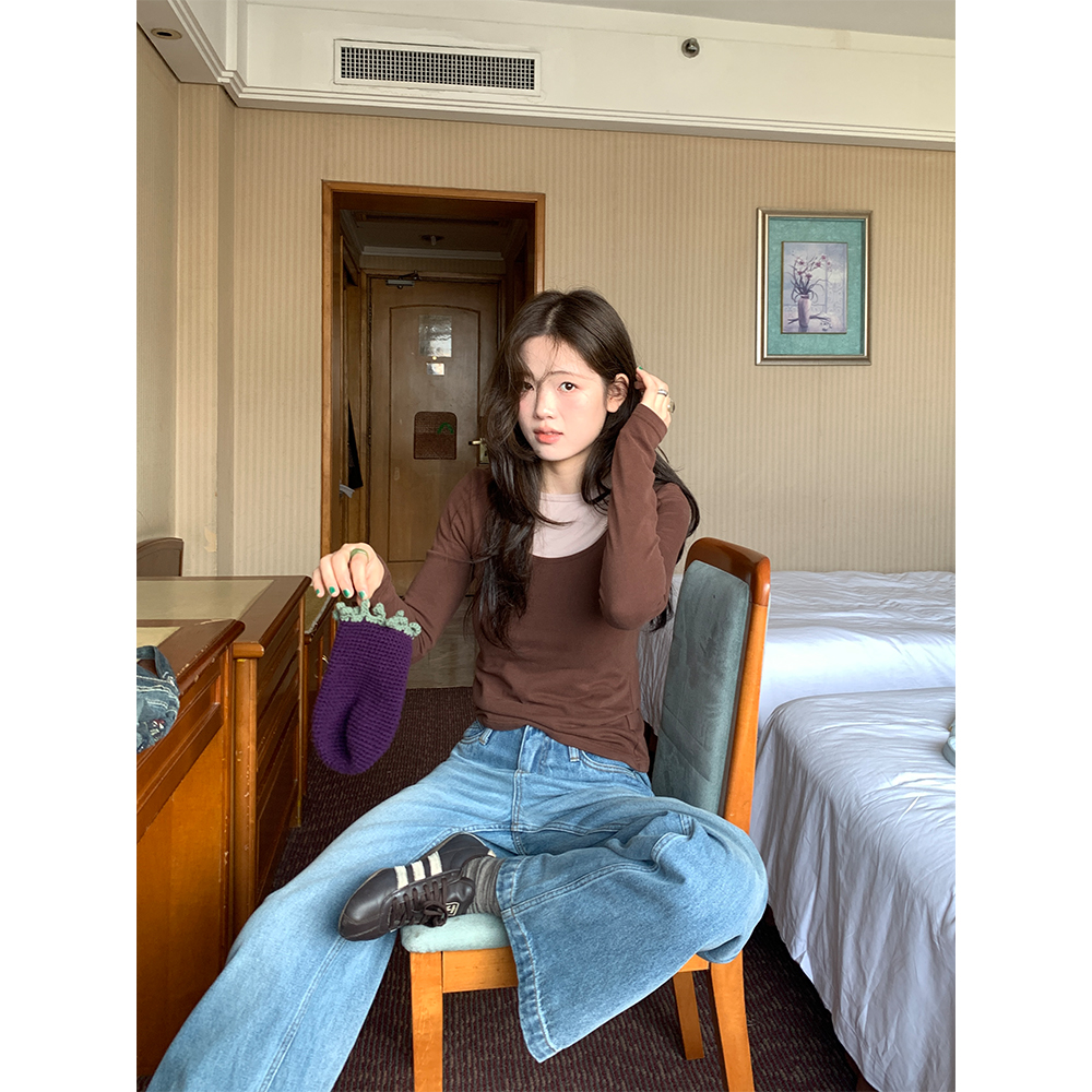 韩版纯色秋冬女套头叠穿长袖T恤