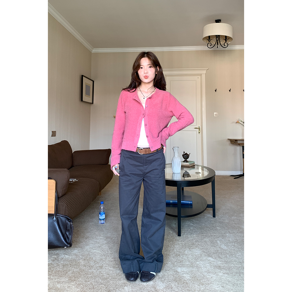 设计感灰绿宽松直筒休闲长裤