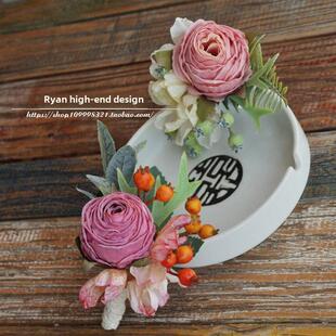 RYAN设计款大朵焦边多层玫瑰 襟花 胸花西式商务会议 彷真花 婚礼