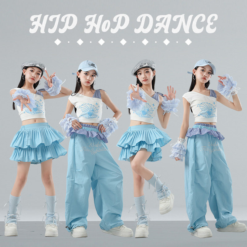 女童爵士舞服少儿女团jazz街舞表演女孩甜酷嘻哈清爽蓝色演出服夏