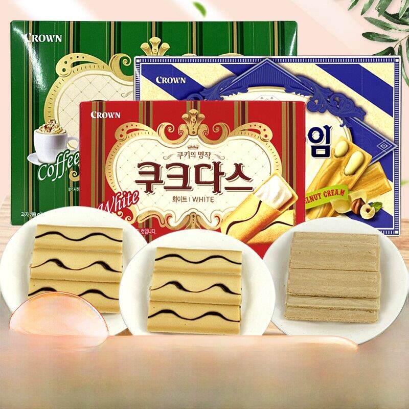 韩国进口皇冠奶油咖啡三明治饼干蛋卷榛子威化榛子瓦零食