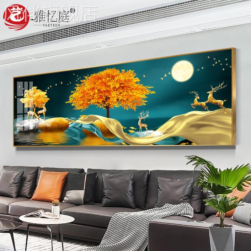 现代轻奢客厅装饰画沙发背景墙挂画横幅卧室床头画晶瓷画麋鹿墙画图片