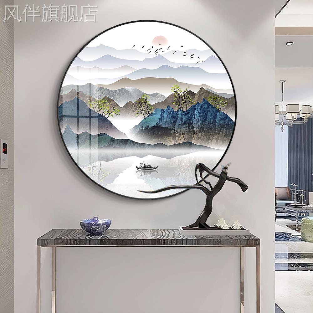 新中式圆形客厅入户玄关装饰画餐厅沙发背景墙山水挂画卧室画壁画图片