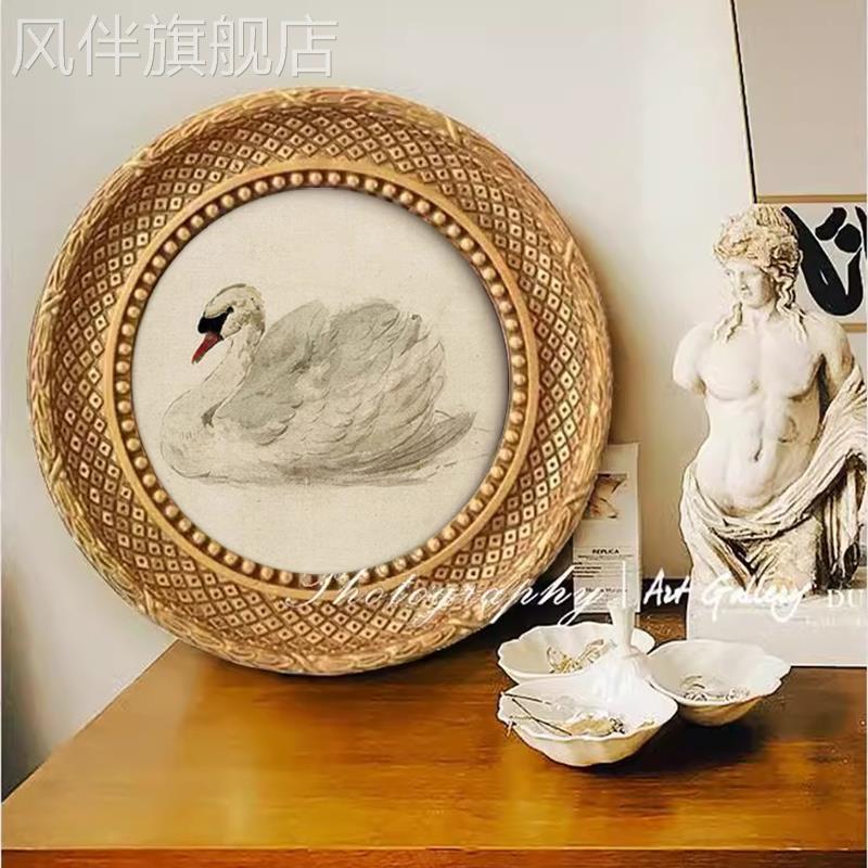 法式小众艺术挂画美式复古饭厅装饰画蜂鸟圆形卧室壁画高级感墙画图片