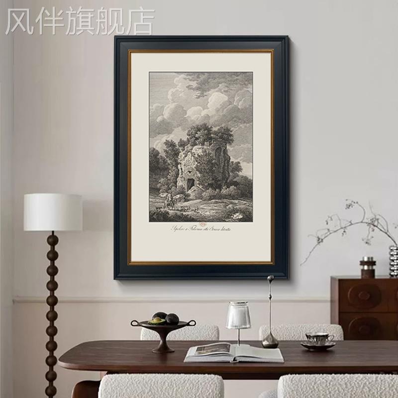 美式复古客厅挂画黑白建筑素描装饰画酒店民宿卧室床头背景墙壁画图片