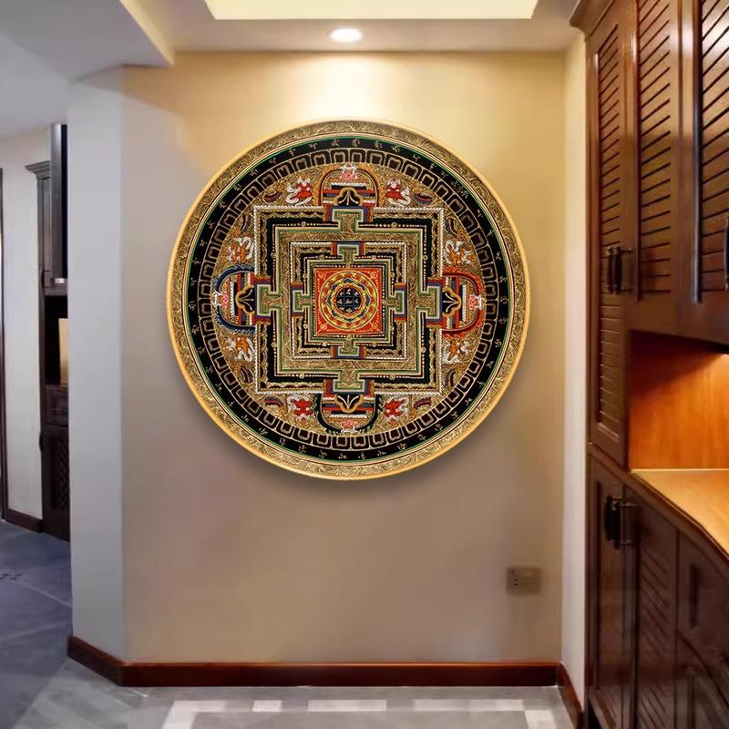 西藏式坛城唐卡装饰画入户玄关酒店民宿挂画圆形茶室客厅招财壁画图片
