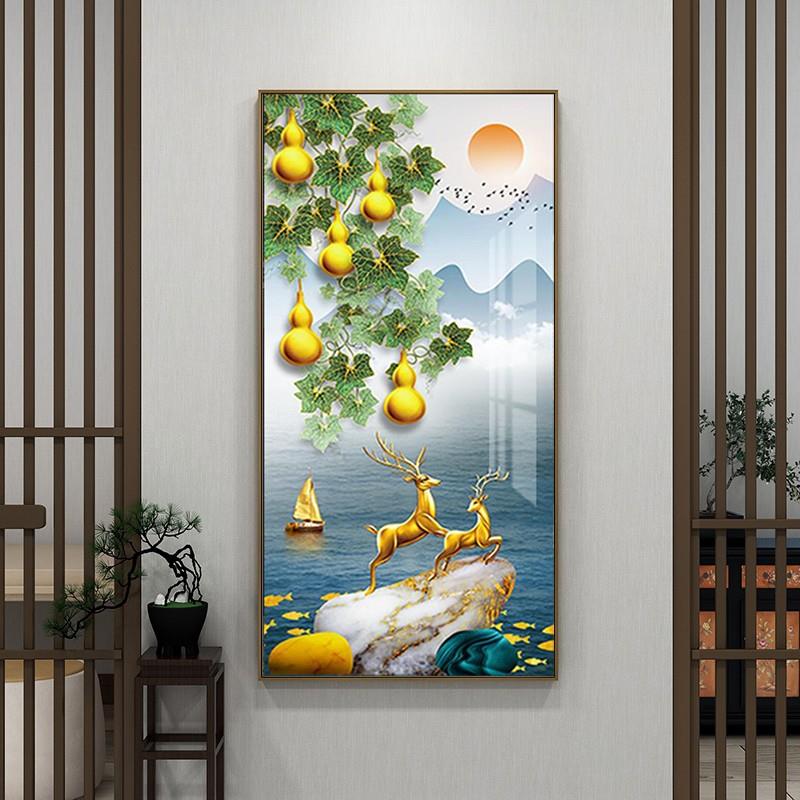 麋鹿玄关葫芦五福临门福禄双全装饰画金壁画走廊挂画入户门厅中式