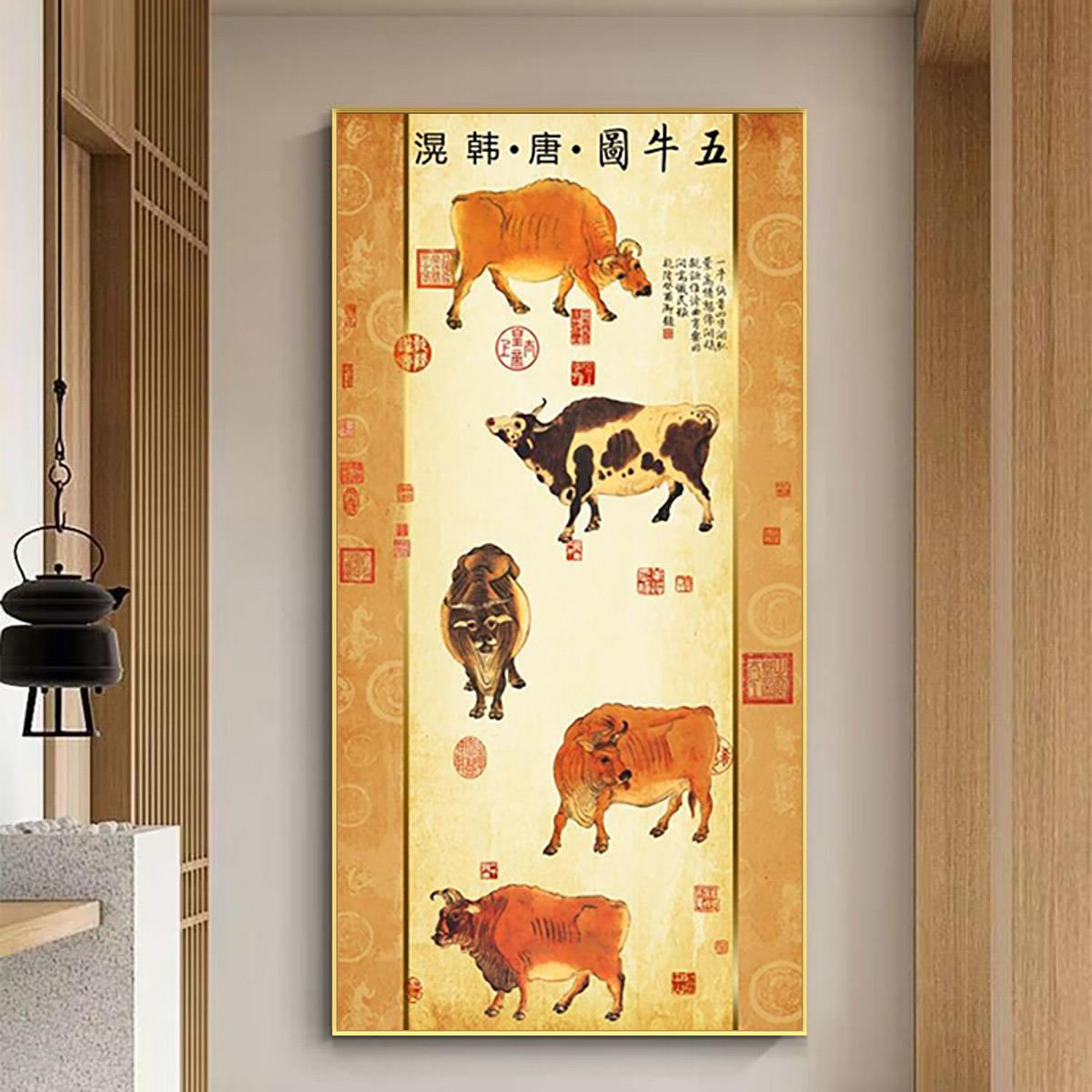 新中式五牛图玄关装饰画有框客厅挂画招财书房走廊竖版背景墙壁画图片