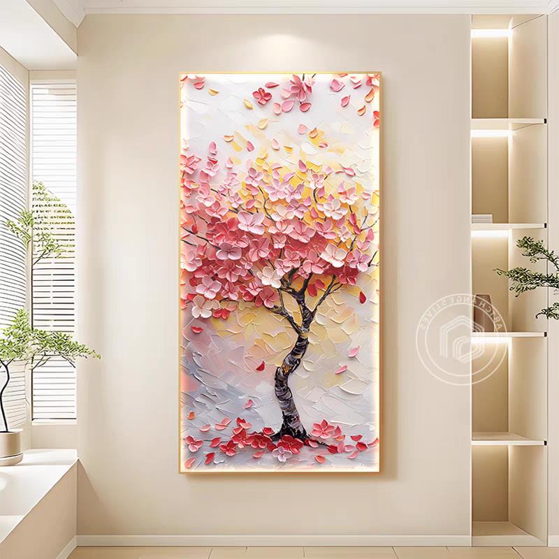 发财树玄关装饰画奶油风大芬村油画走廊过道尽头壁画彩绘花卉挂画图片