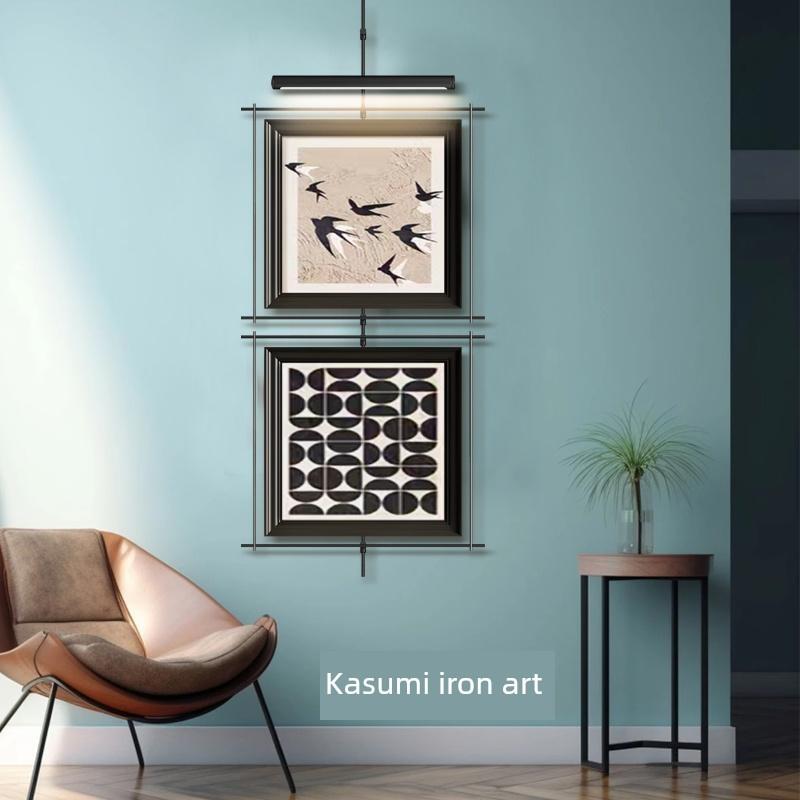 新中式玄关装饰画会所氛围壁灯画金属覆古吊杆挂画高级感餐厅壁饰