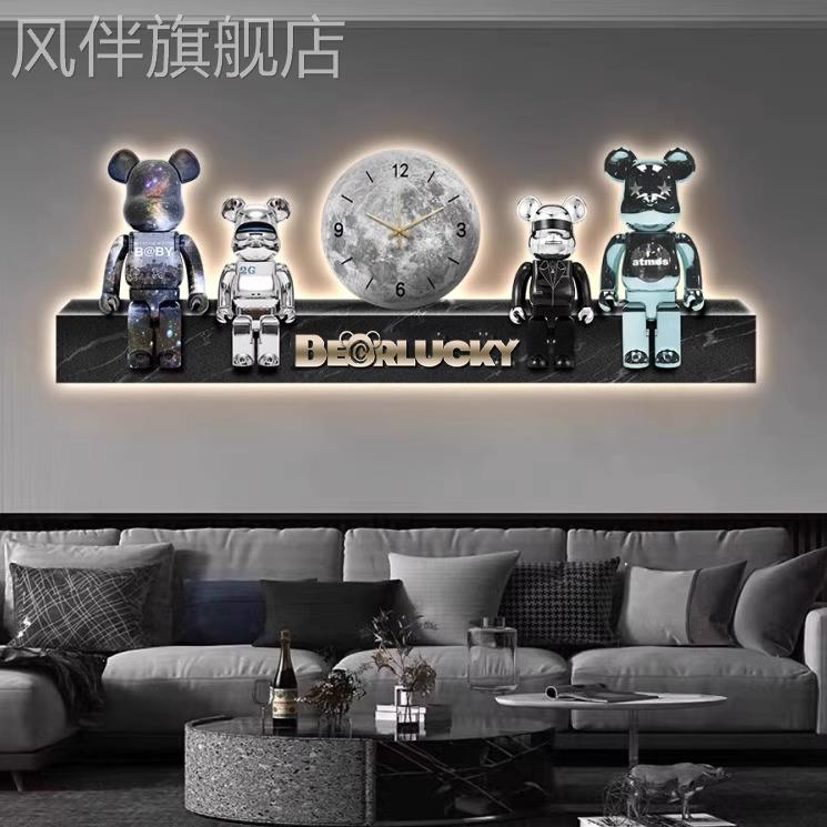 现代轻奢客厅装饰画led灯画高档大气沙发背景墙壁画暴力熊钟表画