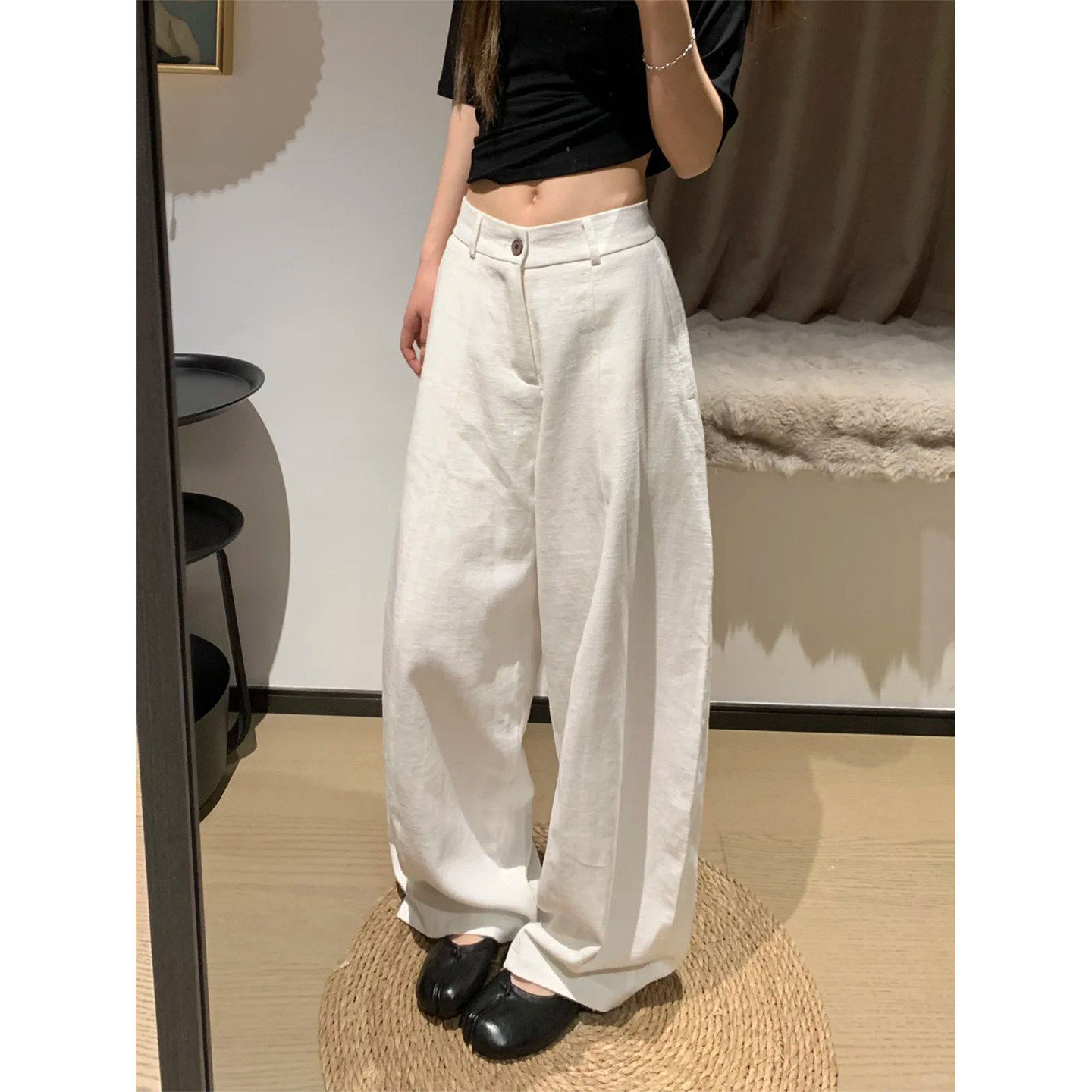 韩系棉麻弯刀裤女夏季薄款大码梨形身材高腰宽松慵懒休闲阔腿裤子