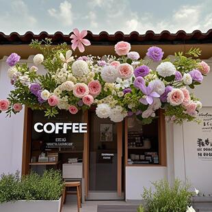 新成品店入口门头门头花门门楣人造花装饰美化咖啡店花店橱窗