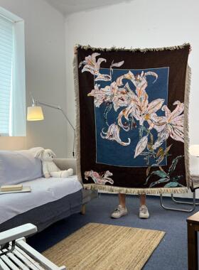 GALA自制 中古风百合花棉线毯子沙发毯床尾盖毯墙面装饰挂毯桌布