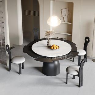 法式复古旋转变径圆桌家用小户型岩板圆形伸缩变形餐桌带转盘定制