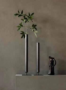 中古风花瓶侘寂风摆件不锈钢管黑色花器中式插花金属艺术装饰品