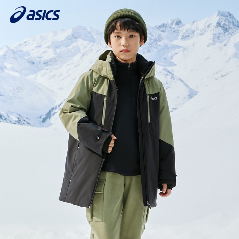 ASICS/亚瑟士童装冬三防中长款羽绒服派克服加厚保暖男童拼色外套