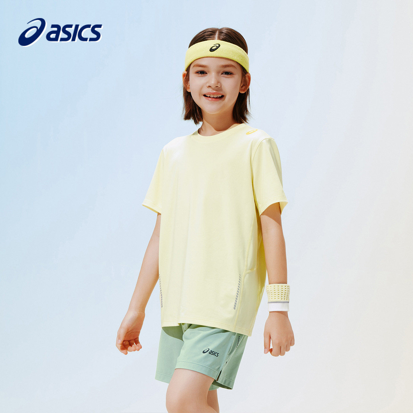 ASICS亚瑟士童装短袖T恤夏季男女童吸湿速干透气舒适女童黄色圆领
