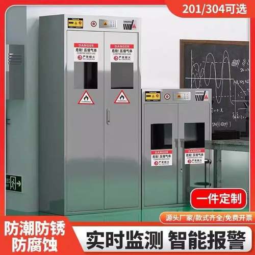 安全储存柜实验室甲烷乙炔双瓶柜防火带报警304不锈钢气瓶柜