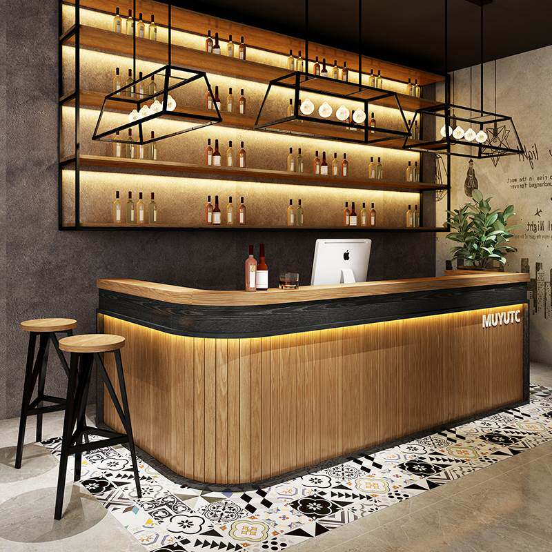 覆古吧台桌收银台转角实木餐饮餐厅饭店酒吧奶茶商用前台柜台定制