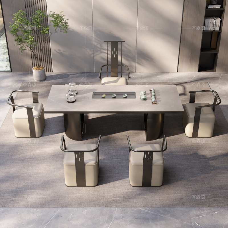 轻奢岩板茶台桌客厅现代简约办公室接待大板茶桌椅组合高级感茶台