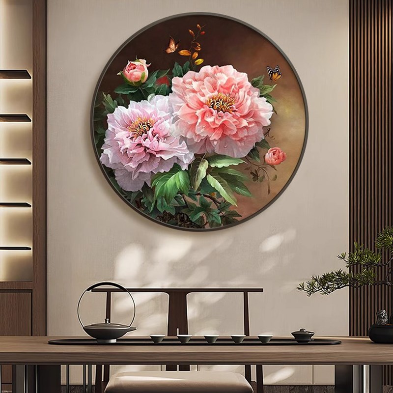 花开富贵餐厅圆形装饰画酒店玄关民宿挂画牡丹花花卉客厅壁画图片
