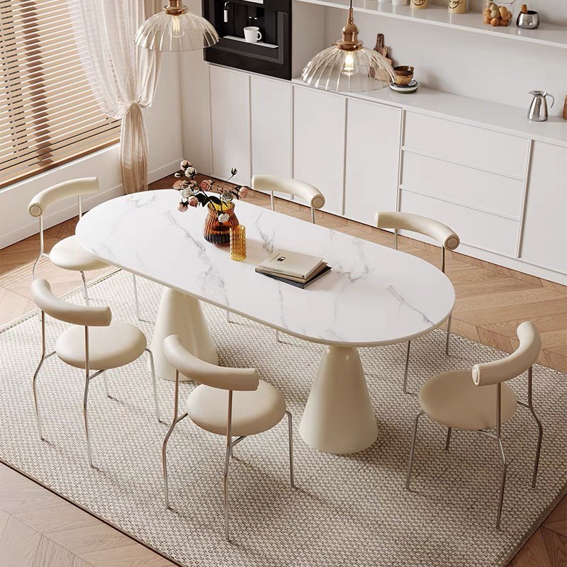 法式奶油风岩板餐桌餐桌椅组合现代简约小户型家用网红圣杯桌子