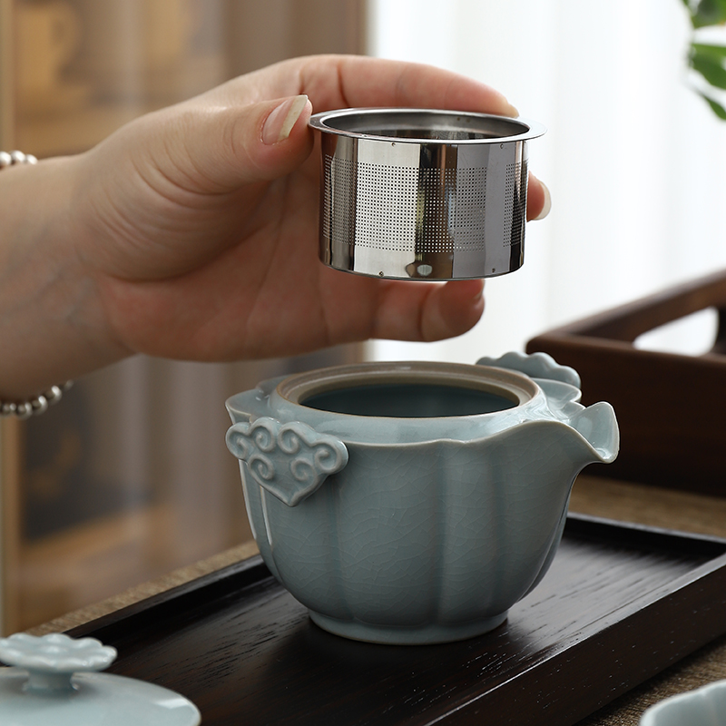 天青汝窑快客杯一壶二杯便捷包户外旅行茶具车载喝茶套装送礼定制