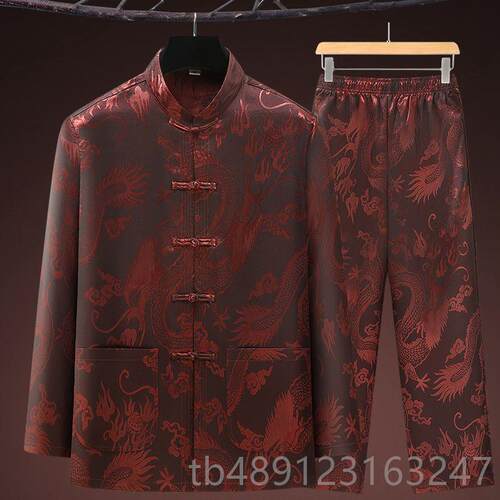 正品中式唐装男中老新年人春夏季冰丝袖套装长盘龙纹爷爷汉服太装