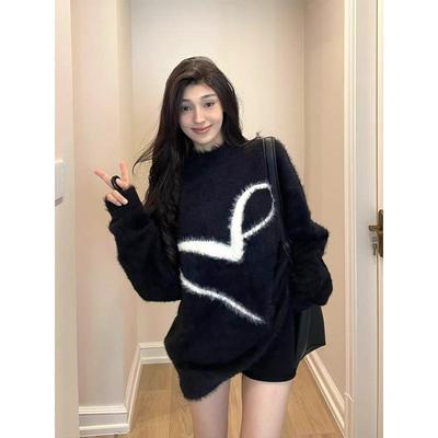 马海毛软糯毛衣女秋冬2025新款黑色圆领针织衫慵懒风宽松套头上衣