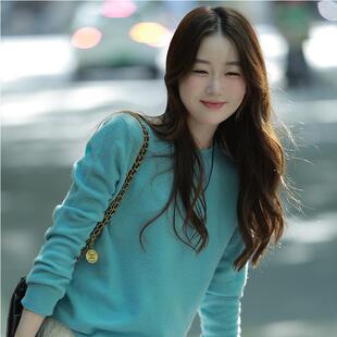 春秋独特别致蓝色针织打底衫 上衣 女设计感小众超好看宽松绝美长袖