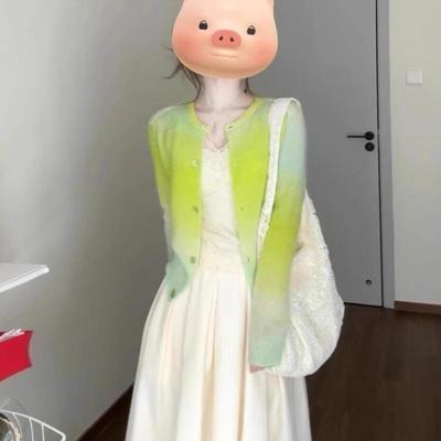 春秋韩系渐变绿色长袖针织开衫女外搭小众设计感宽松短款上衣外套