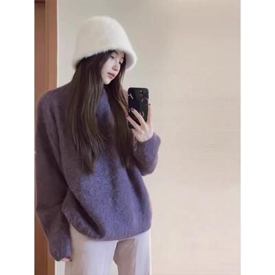今年流行的漂亮紫色套头毛衣女秋冬加厚内搭软糯绵上衣打底针织衫